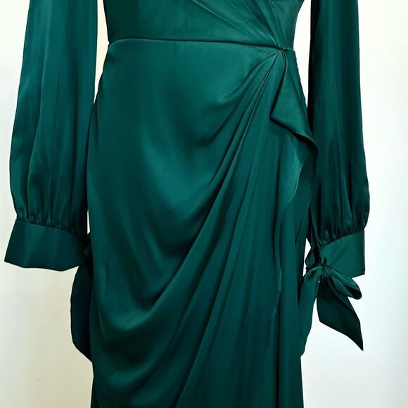 LaDivine Wrap-Effect Emerald Satin Gown 10 Formal Wedding Christmas Gala Glam - Picture 7 of 16